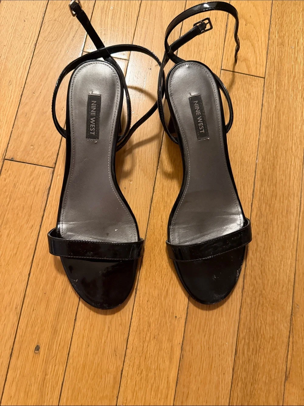 Nine West Black Patent Ankle-Strap Block Heel Sandals